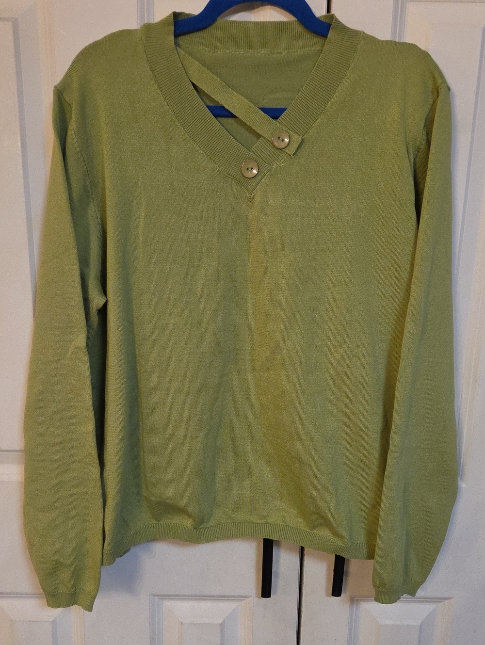 Womens Light Green V-Neck Sweater with Button Detail